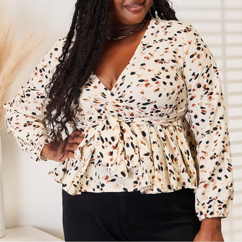 NEW Double Take Boho Chic Printed Tied Back Wrapped Plunge Neck Peplum Blouse